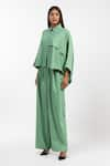 AK-OK_Green Cotton Solid Collar Front Panel Crop Shirt And Flared Trouser Co-ord Set _Online_at_Aza_Fashions