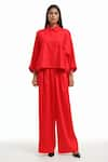 Buy_AK-OK_Red Cotton Solid Collar Neck Front Panel Crop Shirt And Flared Trouser Co-ord Set _at_Aza_Fashions