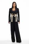 Buy_AK-OK_Black Cotton Embroidery Abstract Lapel Collar Peplum Blazer And Flared Trouser Set _at_Aza_Fashions