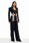 AK-OK_Black Cotton Embroidery Abstract Lapel Collar Peplum Blazer And Flared Trouser Set _Online_at_Aza_Fashions