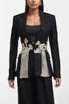 Shop_AK-OK_Black Cotton Embroidery Abstract Lapel Collar Peplum Blazer And Flared Trouser Set _Online_at_Aza_Fashions