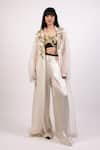 Buy_AK-OK_Ivory Cotton Embroidery Abstract Swerve Lapel Long Coat And Flared Trouser Set _at_Aza_Fashions