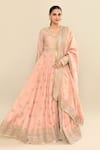 Shop_Kalighata_Peach Chanderi Sequins, Cut Work Polo Hand Embroidered Anarkali Sharara Set 