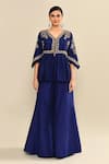 Buy_Kalighata_Blue Silk Cut Work, Sequins V-neck Navy Peplum Embroidered Kurta Set _Online_at_Aza_Fashions