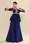 Shop_Kalighata_Blue Silk Cut Work, Sequins V-neck Navy Peplum Embroidered Kurta Set _Online_at_Aza_Fashions