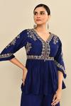 Shop_Kalighata_Blue Silk Cut Work, Sequins V-neck Navy Peplum Embroidered Kurta Set 