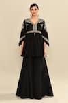 Kalighata_Black Silk Sequins, Cut Work V-neck Floral Embroidered Peplum Kurta Set _Online_at_Aza_Fashions