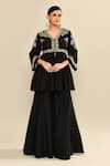 Shop_Kalighata_Black Silk Sequins, Cut Work V-neck Floral Embroidered Peplum Kurta Set _Online_at_Aza_Fashions