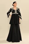 Kalighata_Black Silk Sequins, Cut Work V-neck Floral Embroidered Peplum Kurta Set _at_Aza_Fashions