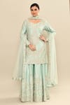 Buy_Kalighata_Aqua Chanderi Sequins, Cut Work, Embroidery Floral Cutdana Kurta Sharara Set _Online_at_Aza_Fashions