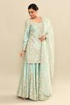 Shop_Kalighata_Aqua Chanderi Sequins, Cut Work, Embroidery Floral Cutdana Kurta Sharara Set _Online_at_Aza_Fashions