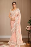 Buy_Kalighata_Silver Organza Sequins, Beads, Cut Work, Embroidery Floral Peach Saree Set _at_Aza_Fashions