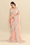 Kalighata_Silver Organza Sequins, Beads, Cut Work, Embroidery Floral Peach Saree Set _Online_at_Aza_Fashions