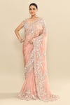 Buy_Kalighata_Silver Organza Sequins, Beads, Cut Work, Embroidery Floral Peach Saree Set _Online_at_Aza_Fashions