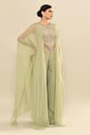 Buy_Kalighata_Green Silk Sequins, Embroidery Floral Cape Set With Palazzo 