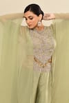 Shop_Kalighata_Green Silk Sequins, Embroidery Floral Cape Set With Palazzo 