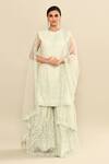 Kalighata_Aqua Organza Embroidery, Sequins, Cut Work High Neck Floral Kurta Sharara Set _Online_at_Aza_Fashions