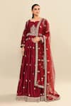 Shop_Kalighata_Maroon Chanderi Sequins, Cut Work Polo Collar Hand Embroidered Anarkali Set _Online_at_Aza_Fashions