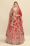 Buy_Kalighata_Red Raw Silk Embroidery Floral V Neck Spring Fall Hand Bridal Lehenga Set _Online_at_Aza_Fashions