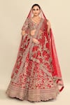 Buy_Kalighata_Red Raw Silk Embroidery Floral V Neck Spring Fall Hand Bridal Lehenga Set 