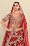 Shop_Kalighata_Red Raw Silk Embroidery Floral V Neck Spring Fall Hand Bridal Lehenga Set 