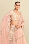 Shop_Kalighata_Pink Raw Silk Embroidery Floral Paan Neck Tania Hand Bridal Lehenga Set 