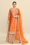 Kalighata_Orange Chanderi Embroidery Floral Round Neck Tejaswi Hand Kurta Sharara Set _Online_at_Aza_Fashions