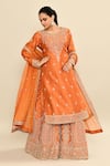 Kalighata_Orange Chanderi Embroidery Floral Round Neck Tejaswi Hand Kurta Sharara Set _at_Aza_Fashions