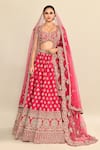 Buy_Kalighata_Pink Raw Silk Embroidery Floral Paan Neck Urvi Hand Bridal Lehenga Set _Online_at_Aza_Fashions