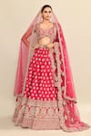 Shop_Kalighata_Pink Raw Silk Embroidery Floral Paan Neck Urvi Hand Bridal Lehenga Set _Online_at_Aza_Fashions