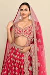 Shop_Kalighata_Pink Raw Silk Embroidery Floral Paan Neck Urvi Hand Bridal Lehenga Set 