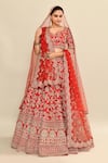 Buy_Kalighata_Red Raw Silk Embroidery Floral Paan Neck Vani Hand Bridal Lehenga Set _Online_at_Aza_Fashions