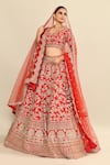 Buy_Kalighata_Red Raw Silk Embroidery Floral Paan Neck Vani Hand Bridal Lehenga Set 