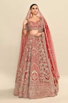 Shop_Kalighata_Red Raw Silk Embroidered Cutdana Leaf Elnaz Ethnic Motif Bridal Lehenga Set _Online_at_Aza_Fashions