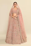 Buy_Kalighata_Pink Velvet Embroidered Cutdana Leaf Ethnic Motif Bridal Lehenga Set _Online_at_Aza_Fashions