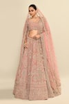 Shop_Kalighata_Pink Velvet Embroidered Cutdana Leaf Ethnic Motif Bridal Lehenga Set _Online_at_Aza_Fashions