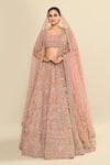 Kalighata_Pink Velvet Embroidered Cutdana Leaf Ethnic Motif Bridal Lehenga Set _at_Aza_Fashions