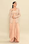 Kalighata_Peach Tissue Hand Embroidered Cutdana Jessy Queen Jacket With Draped Skirt Set _at_Aza_Fashions