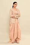 Shop_Kalighata_Peach Tissue Hand Embroidered Cutdana Jessy Queen Jacket With Draped Skirt Set 