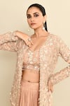 Kalighata_Peach Tissue Hand Embroidered Cutdana Jessy Queen Jacket With Draped Skirt Set _Online