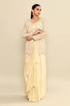 Shop_Kalighata_Ivory Tissue Hand Embroidered Cutdana Jessy Queen Jacket With Draped Skirt Set _Online_at_Aza_Fashions