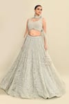 Buy_Kalighata_Blue Organza Hand Embroidered Cutdana Leaf Kashfi Bling Lehenga Set 