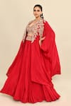 Shop_Kalighata_Red Silk Habutai Hand Embroidered Mahika Floral Waist Lehenga Set With Cape 