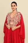 Kalighata_Red Silk Habutai Hand Embroidered Mahika Floral Waist Lehenga Set With Cape _Online