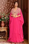 Buy_Kalighata_Pink Silk Habutai Hand Embroidered Cutdana Floral Waist Lehenga Set With Cape _at_Aza_Fashions