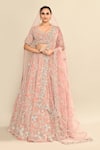 Buy_Kalighata_Pink Velvet Embroidered Cutdana Leaf Floral Motif Bridal Lehenga Set _Online_at_Aza_Fashions