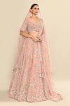 Kalighata_Pink Velvet Embroidered Cutdana Leaf Floral Motif Bridal Lehenga Set _at_Aza_Fashions