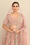 Buy_Kalighata_Pink Velvet Embroidered Cutdana Leaf Floral Motif Bridal Lehenga Set 