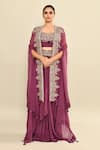 Shop_Kalighata_Purple Silk Habutai Hand Embroidered Montana Waist Draped Skirt Set With Cape _Online_at_Aza_Fashions