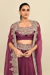 Shop_Kalighata_Purple Silk Habutai Hand Embroidered Montana Waist Draped Skirt Set With Cape 